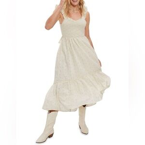 American Eagle Flutter Sleeve Smocked Cream Floral Midi Dress Cotton